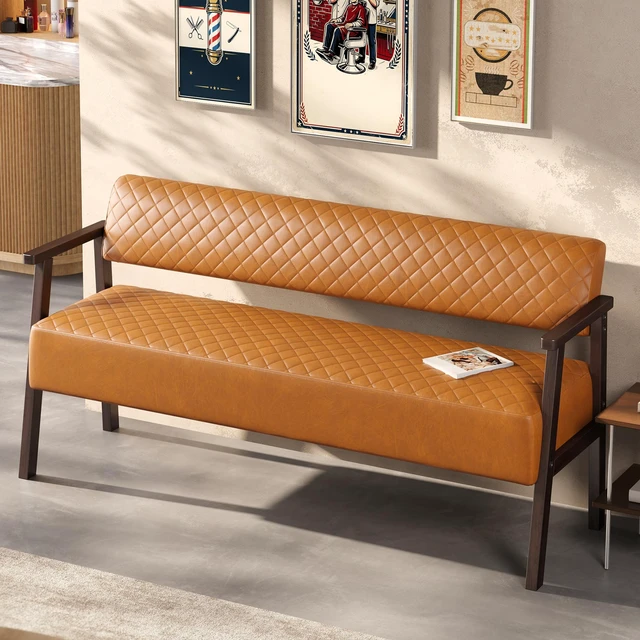 Main image of 58.27 Inch Diamond Quilted Faux Leather Waiting Bench with Armrests, Upholstered Reception Bench for Salon Lobby