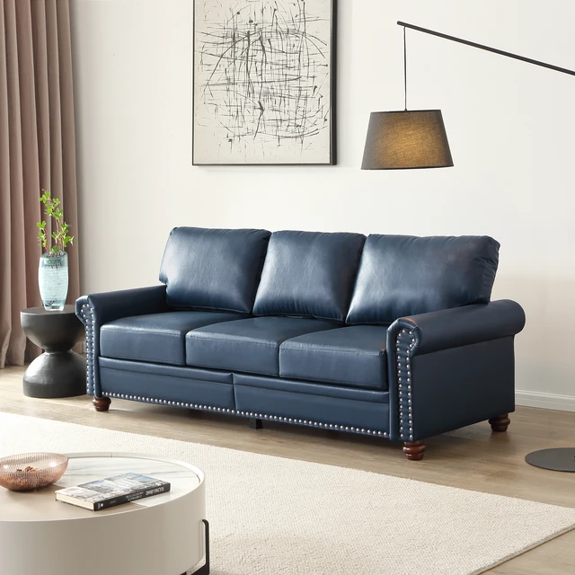 Alt view image 3 of 5 - Living Round Arm with Nails Sofa Faux Leather This SKU the Same, Navy Blue, PU Leather