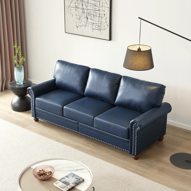 Alt view image 2 of 5 - Living Round Arm with Nails Sofa Faux Leather This SKU the Same, Navy Blue, PU Leather