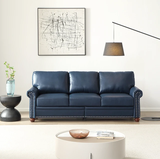 Main image of Living Round Arm with Nails Sofa Faux Leather This SKU the Same, Navy Blue, PU Leather