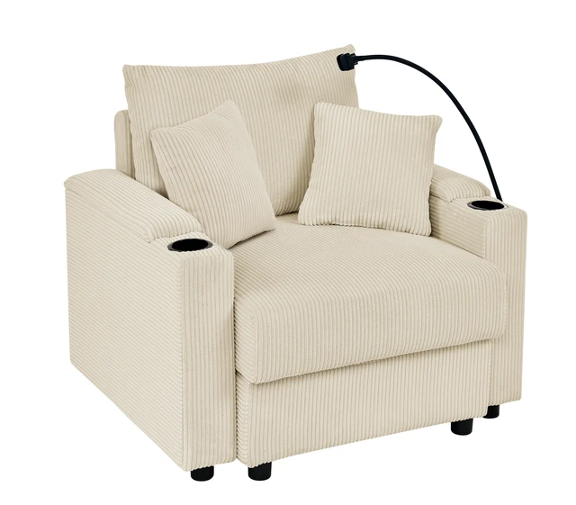 Alt view image 2 of 7 - Accent Chair with Storage Armrest, Living Chairs with 8 Inch Cushion Two Cup Holders Phone Holder for Living, Beige