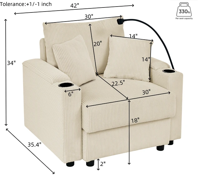 Alt view image 7 of 7 - Accent Chair with Storage Armrest, Living Chairs with 8 Inch Cushion Two Cup Holders Phone Holder for Living, Beige