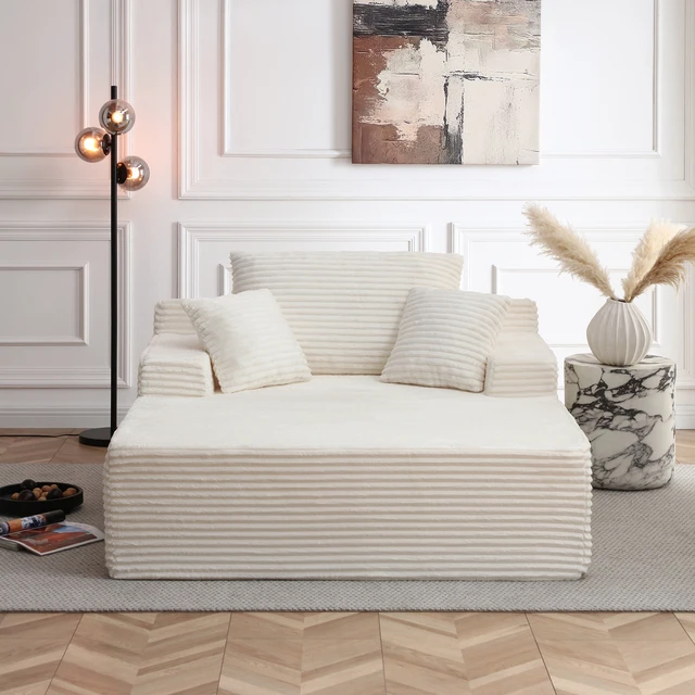 Alt view image 2 of 7 - 56 Inch Chaise Lounge Indoor, Chaise Lounge Chair with Pillows for Living Wide Arms Corduroy Fabric High Density Foam