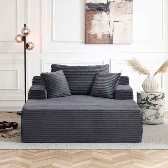 Alt view image 2 of 7 - 56 Inch Chaise Lounge Indoor, Chaise Lounge Chair with Pillows for Living Wide Arms Corduroy Fabric High Density Foam