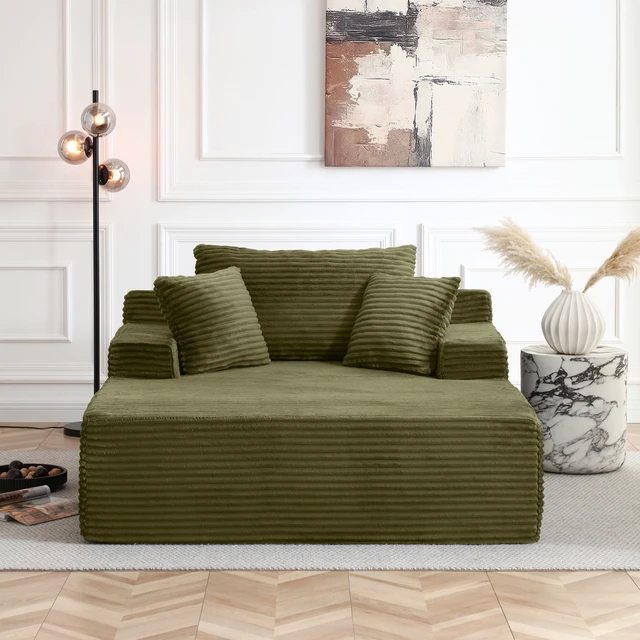 Alt view image 2 of 7 - 56 Inch Chaise Lounge Indoor, Chaise Lounge Chair with Pillows for Living Wide Arms Corduroy Fabric High Density Foam