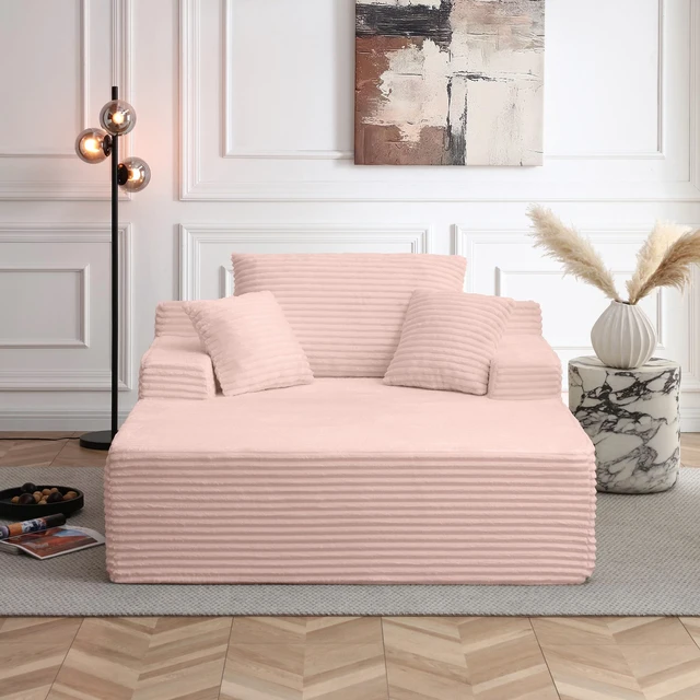 Alt view image 2 of 7 - 56 Inch Chaise Lounge Indoor, Chaise Lounge Chair with Pillows for Living Wide Arms Corduroy Fabric High Density Foam