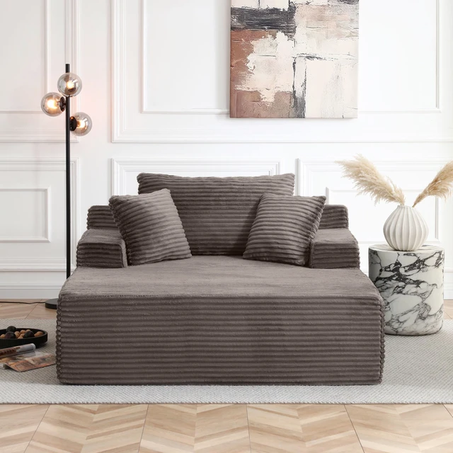 Alt view image 2 of 7 - 56 Inch Chaise Lounge Indoor, Chaise Lounge Chair with Pillows for Living Wide Arms Corduroy Fabric High Density Foam