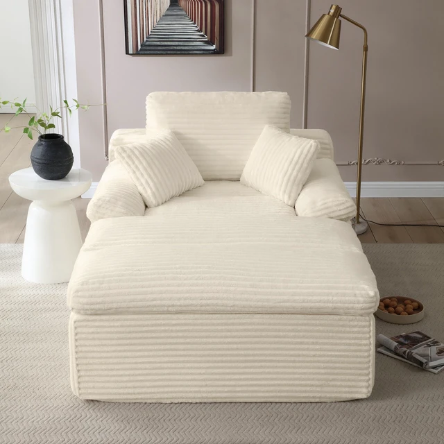 Alt view image 2 of 7 - Chaise Lounge Chair Indoor, Couch Assembly Wide Armrests Dual Layer Cushion Cloud Reading Chair for Living Corduroy