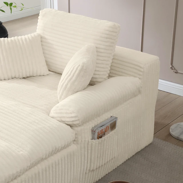 Alt view image 3 of 7 - Chaise Lounge Chair Indoor, Couch Assembly Wide Armrests Dual Layer Cushion Cloud Reading Chair for Living Corduroy