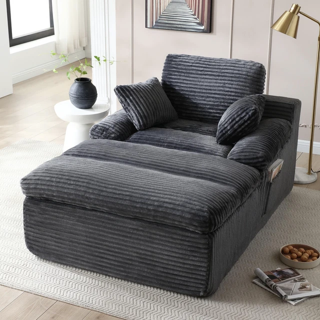Main image of Chaise Lounge Chair Indoor, Couch Assembly Wide Armrests Dual Layer Cushion Cloud Reading Chair for Living Corduroy