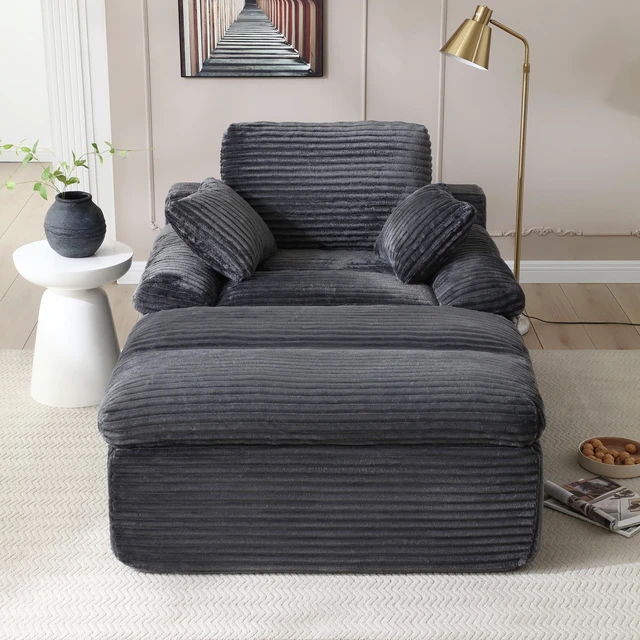 Alt view image 2 of 7 - Chaise Lounge Chair Indoor, Couch Assembly Wide Armrests Dual Layer Cushion Cloud Reading Chair for Living Corduroy