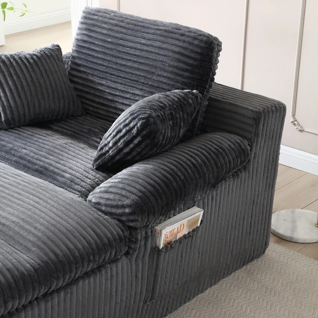 Alt view image 3 of 7 - Chaise Lounge Chair Indoor, Couch Assembly Wide Armrests Dual Layer Cushion Cloud Reading Chair for Living Corduroy