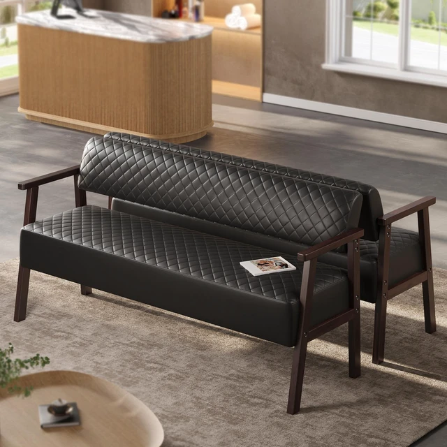 Main image of Pack Salon Waiting Bench Set, 58.27 Inch Faux Leather Reception Bench with Armrest Diamond Tufted Upholstered Lobby Set