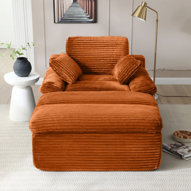 Alt view image 2 of 7 - Chaise Lounge Chair Indoor, Couch Assembly Wide Armrests Dual Layer Cushion Cloud Reading Chair for Living Corduroy