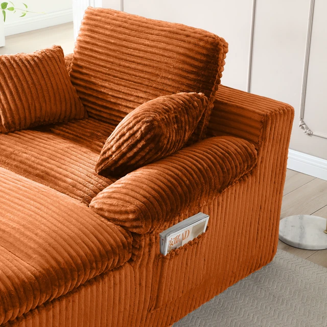 Alt view image 3 of 7 - Chaise Lounge Chair Indoor, Couch Assembly Wide Armrests Dual Layer Cushion Cloud Reading Chair for Living Corduroy