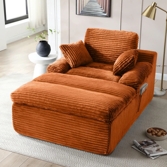 Main image of Chaise Lounge Chair Indoor, Couch Assembly Wide Armrests Dual Layer Cushion Cloud Reading Chair for Living Corduroy