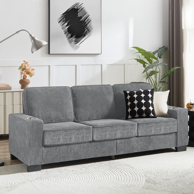 Main image of 83.86 Inch Corduroy Fabric Sofa, Compressed Couch Seater Sofa Furniture for Living, Gray