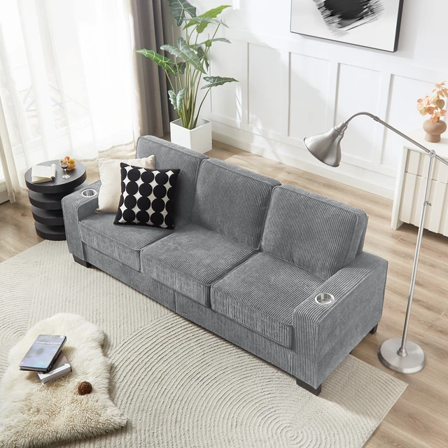Alt view image 3 of 7 - 83.86 Inch Corduroy Fabric Sofa, Compressed Couch Seater Sofa Furniture for Living, Gray