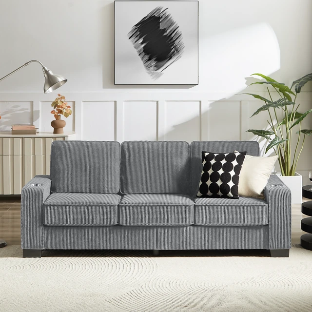 Alt view image 2 of 7 - 83.86 Inch Corduroy Fabric Sofa, Compressed Couch Seater Sofa Furniture for Living, Gray