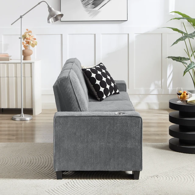 Alt view image 4 of 7 - 83.86 Inch Corduroy Fabric Sofa, Compressed Couch Seater Sofa Furniture for Living, Gray