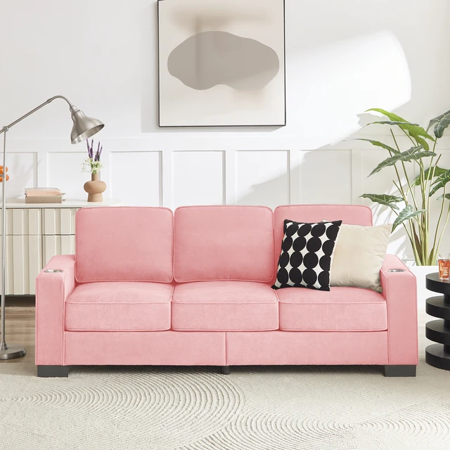 Alt view image 2 of 7 - 83.86 Inch Fabric Sofa, Compressed Couch Seater Sofa Furniture for Living, Pink, Ice and Snow Velvet Fabric