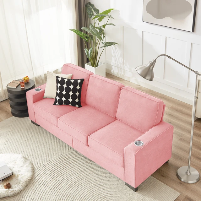 Alt view image 3 of 7 - 83.86 Inch Fabric Sofa, Compressed Couch Seater Sofa Furniture for Living, Pink, Ice and Snow Velvet Fabric