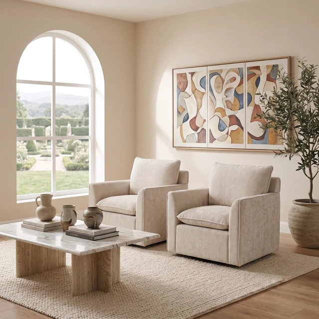 Alt view image 3 of 7 - 360° Swivel Accent Chair Set, Two Seater Sofa Armchairs Upholstered Club Chairs for Living Reading Chenille Fabric
