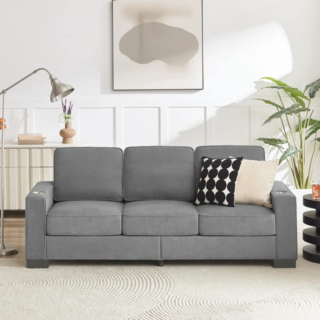 Alt view image 2 of 7 - 83.86 Inch Fabric Sofa, Compressed Couch Seater Sofa Furniture for Living, Gray, Ice and Snow Velvet Fabric