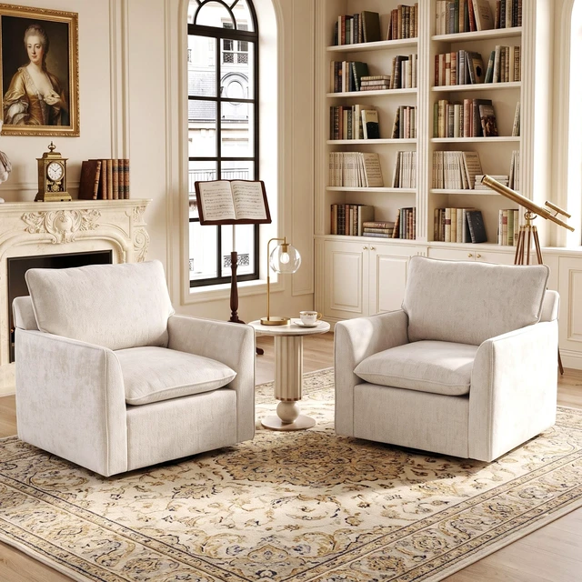 Alt view image 4 of 7 - 360° Swivel Accent Chair Set, Two Seater Sofa Armchairs Upholstered Club Chairs for Living Reading Chenille Fabric
