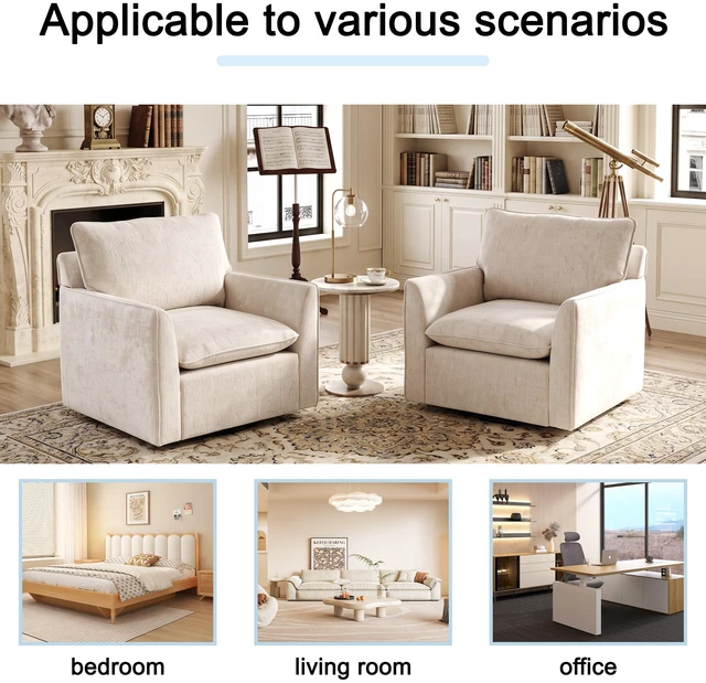 Alt view image 6 of 7 - 360° Swivel Accent Chair Set, Two Seater Sofa Armchairs Upholstered Club Chairs for Living Reading Chenille Fabric