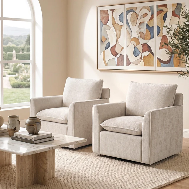 Alt view image 5 of 7 - 360° Swivel Accent Chair Set, Two Seater Sofa Armchairs Upholstered Club Chairs for Living Reading Chenille Fabric