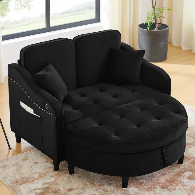 Alt view image 2 of 6 - Two Seater Sofa with Curved Storage Footstool and USB Charging, Adjustable Backrest and Side Pockets Comes with Two