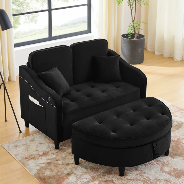 Alt view image 3 of 6 - Two Seater Sofa with Curved Storage Footstool and USB Charging, Adjustable Backrest and Side Pockets Comes with Two