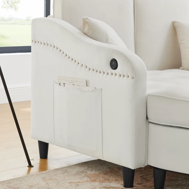 Alt view image 6 of 7 - Two Seater Sofa with Curved Storage Footstool and USB Charging, Adjustable Backrest and Side Pockets Comes with Two