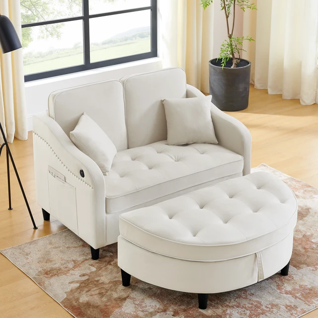 Alt view image 3 of 7 - Two Seater Sofa with Curved Storage Footstool and USB Charging, Adjustable Backrest and Side Pockets Comes with Two
