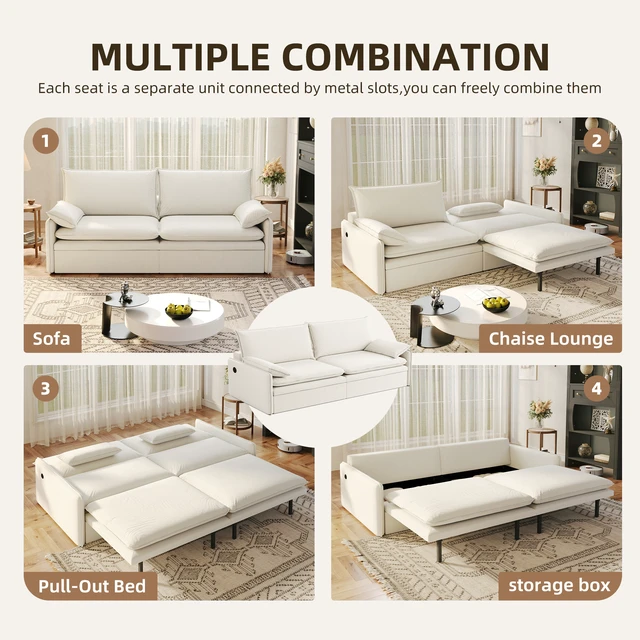 Alt view image 3 of 7 - 4 Seat Convertible Sleeper Sofa Bed Chenille Fabric, Deep Seat Cloud Sofa with Storage USB Port and Pillow Pull-Out