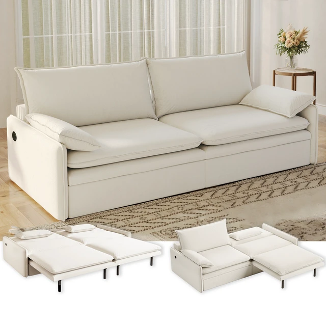 Alt view image 2 of 7 - 4 Seat Convertible Sleeper Sofa Bed Chenille Fabric, Deep Seat Cloud Sofa with Storage USB Port and Pillow Pull-Out