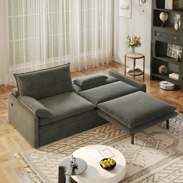 Alt view image 3 of 7 - 4 Seat Convertible Sleeper Sofa Bed Chenille Fabric, Deep Seat Cloud Sofa with Storage USB Port and Pillow Pull-Out
