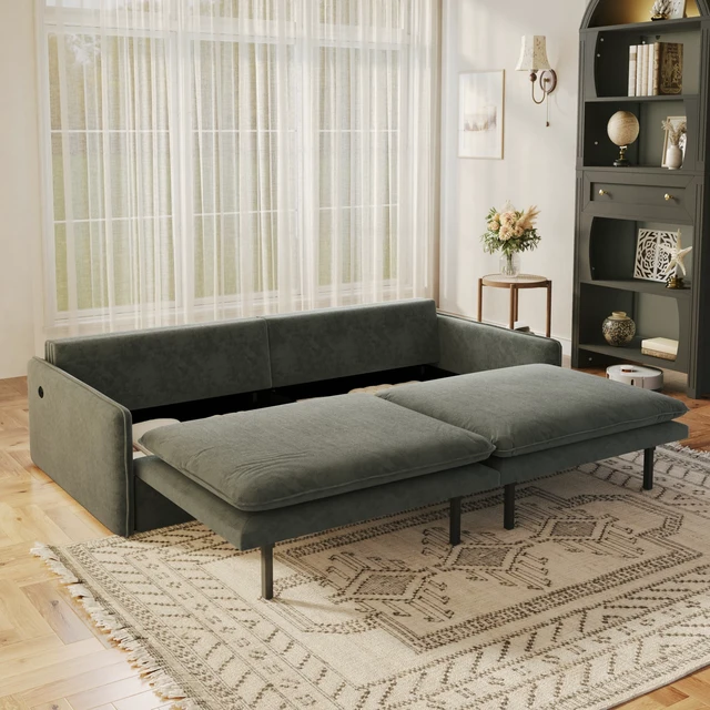 Alt view image 5 of 7 - 4 Seat Convertible Sleeper Sofa Bed Chenille Fabric, Deep Seat Cloud Sofa with Storage USB Port and Pillow Pull-Out