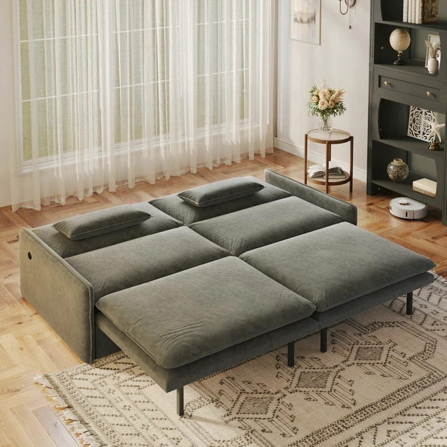 Alt view image 4 of 7 - 4 Seat Convertible Sleeper Sofa Bed Chenille Fabric, Deep Seat Cloud Sofa with Storage USB Port and Pillow Pull-Out