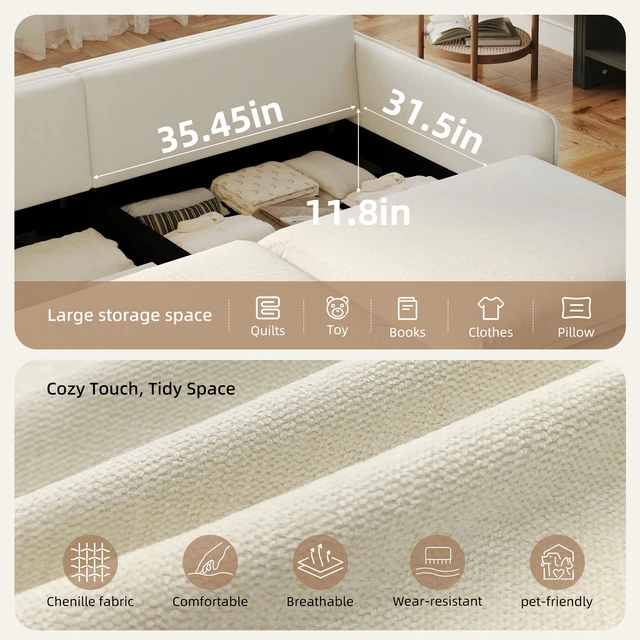 Alt view image 6 of 7 - 4 Seat Convertible Sleeper Sofa Bed Chenille Fabric, Deep Seat Cloud Sofa with Storage USB Port and Pillow Pull-Out