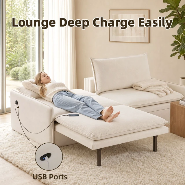 Alt view image 5 of 7 - 4 Seat Convertible Sleeper Sofa Bed Chenille Fabric, Deep Seat Cloud Sofa with Storage USB Port and Pillow Pull-Out