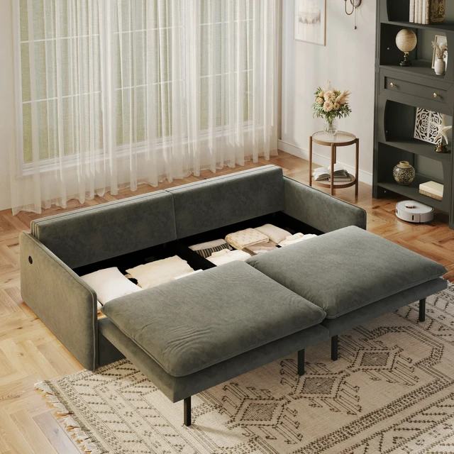 Alt view image 6 of 7 - 4 Seat Convertible Sleeper Sofa Bed Chenille Fabric, Deep Seat Cloud Sofa with Storage USB Port and Pillow Pull-Out