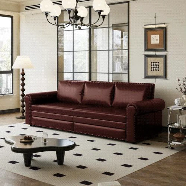Main image of Chesterfield Sofa, 93.7 Inch King Pull Out Sofa Bed Faux Leather Convertible Sleeper with Nailhead Trim and Rolled Arm