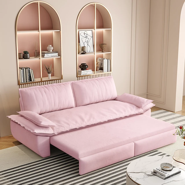 Alt view image 3 of 6 - 73.2 Inch Queen Pull Out Sofa Bed, Convertible Sleeper Sofa Functional Velvet Loveseat Bed Old SKU, Pink, Velvet
