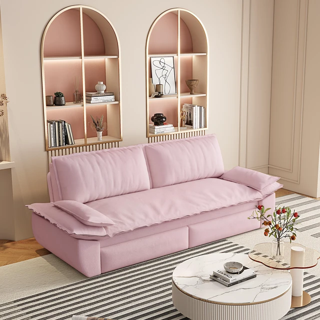 Alt view image 4 of 6 - 73.2 Inch Queen Pull Out Sofa Bed, Convertible Sleeper Sofa Functional Velvet Loveseat Bed Old SKU, Pink, Velvet