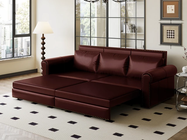 Alt view image 3 of 4 - Chesterfield Sofa, 93.7 Inch King Pull Out Sofa Bed Faux Leather Convertible Sleeper with Nailhead Trim and Rolled Arm