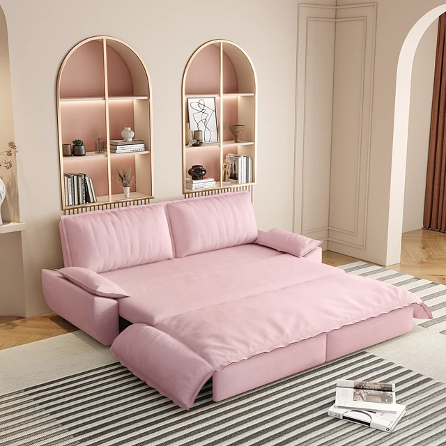 Alt view image 2 of 6 - 73.2 Inch Queen Pull Out Sofa Bed, Convertible Sleeper Sofa Functional Velvet Loveseat Bed Old SKU, Pink, Velvet