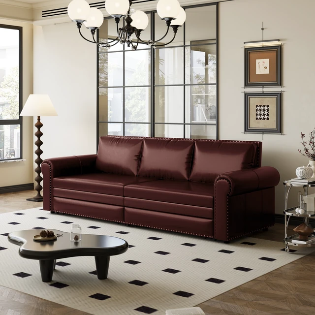 Alt view image 2 of 4 - Chesterfield Sofa, 93.7 Inch King Pull Out Sofa Bed Faux Leather Convertible Sleeper with Nailhead Trim and Rolled Arm