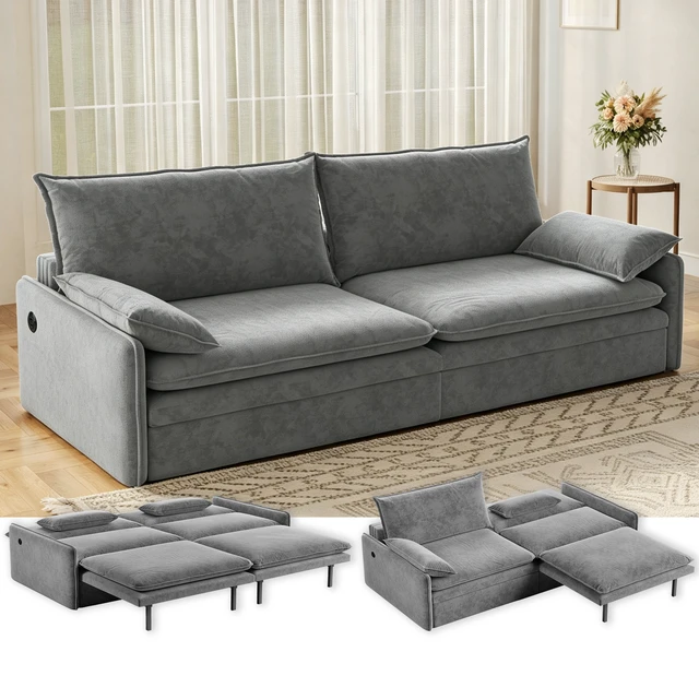 Alt view image 2 of 7 - 4 Seat Convertible Sleeper Sofa Bed Chenille Fabric, Deep Seat Cloud Sofa with Storage USB Port and Pillow Pull-Out